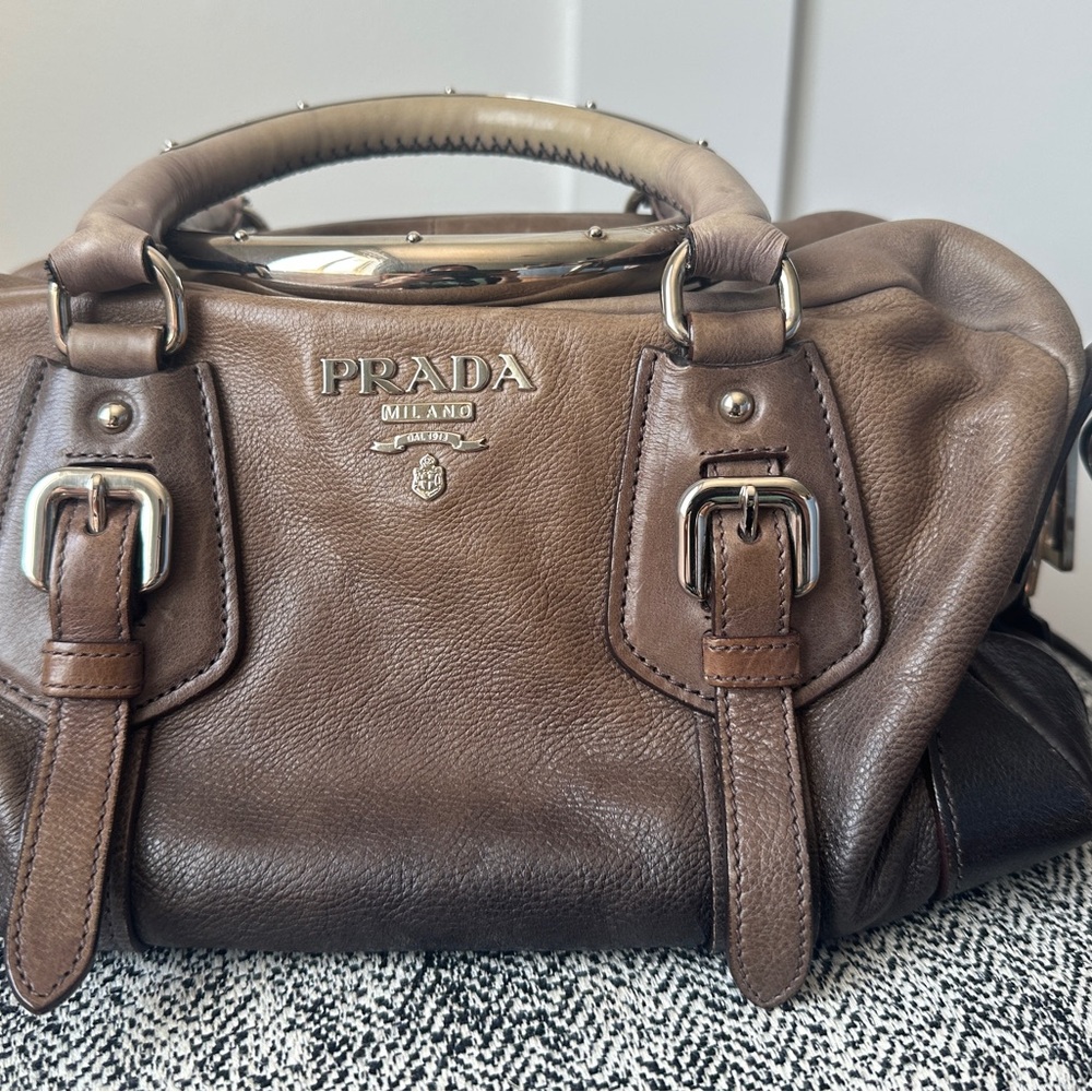 Prada Taupe Leather Tote with Silver Accents